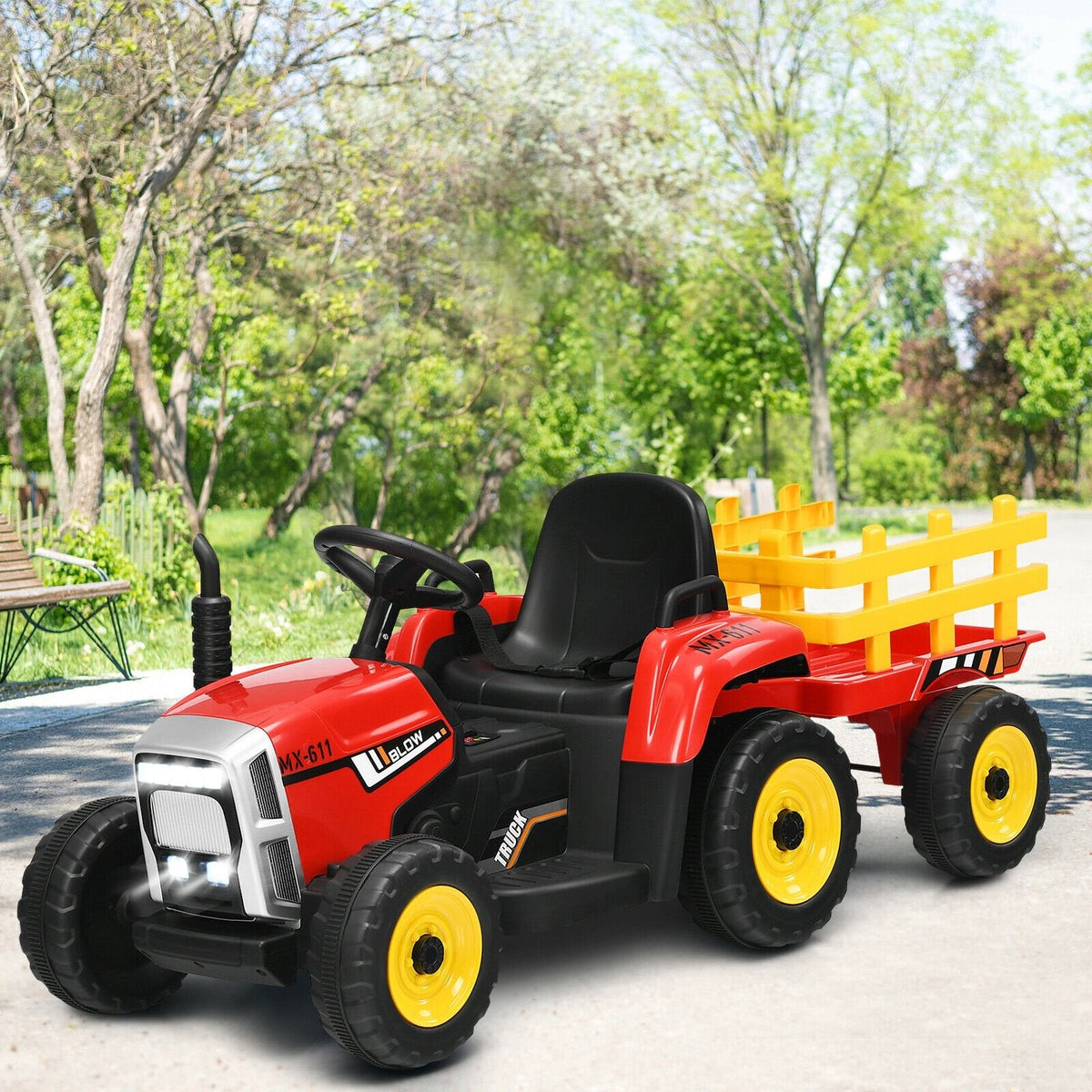 12V Kids Ride On Tractor with Detachable Trailer, 3 Gear Shift, Anti Slip Wheels and Soft Start, 66 lb, Red
