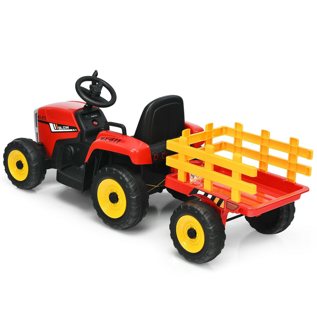12V Kids Ride On Tractor with Detachable Trailer, 3 Gear Shift, Anti Slip Wheels and Soft Start, 66 lb, Red