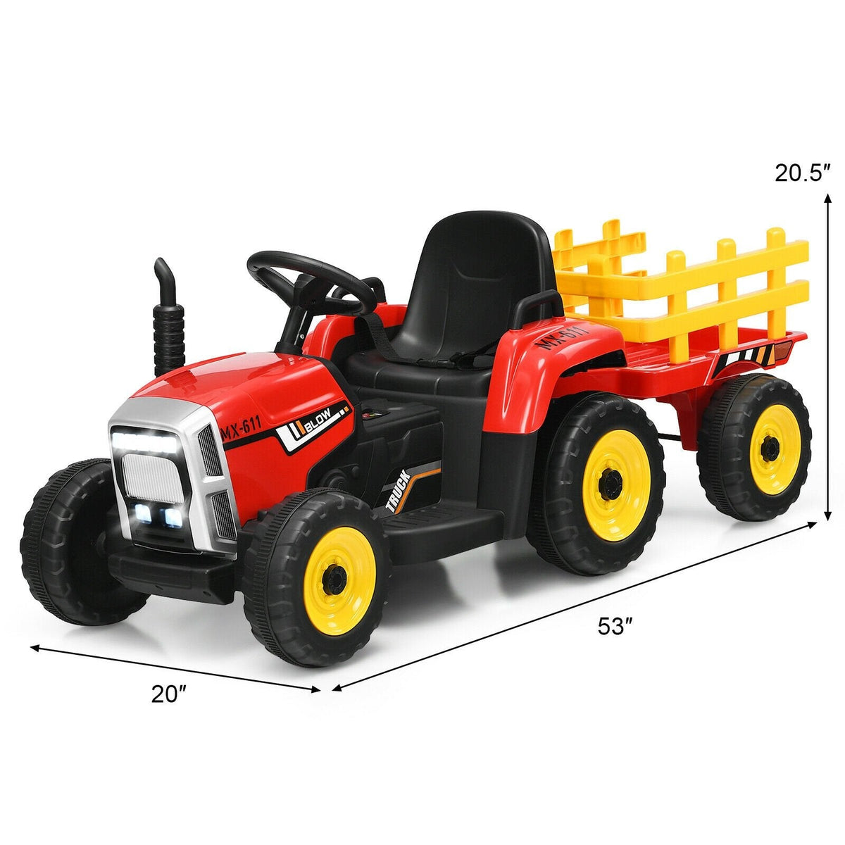 12V Kids Ride On Tractor with Detachable Trailer, 3 Gear Shift, Anti Slip Wheels and Soft Start, 66 lb, Red