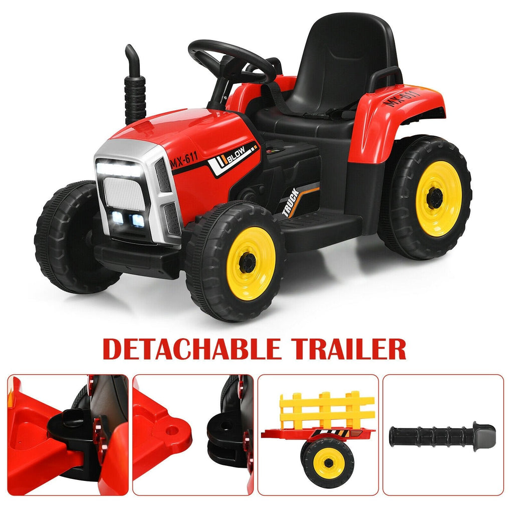 12V Kids Ride On Tractor with Detachable Trailer, 3 Gear Shift, Anti Slip Wheels and Soft Start, 66 lb, Red