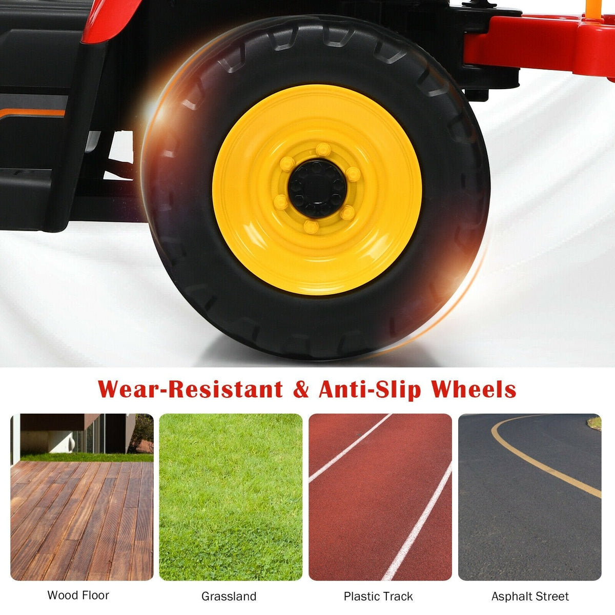 12V Kids Ride On Tractor with Detachable Trailer, 3 Gear Shift, Anti Slip Wheels and Soft Start, 66 lb, Red