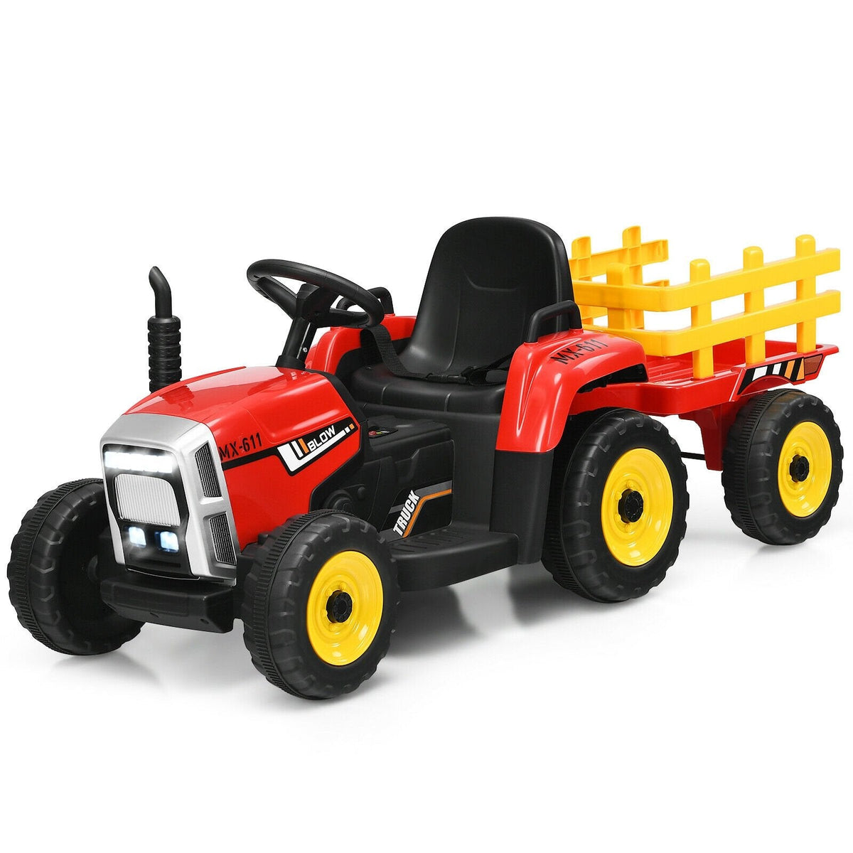 12V Kids Ride On Tractor with Detachable Trailer, 3 Gear Shift, Anti Slip Wheels and Soft Start, 66 lb, Red