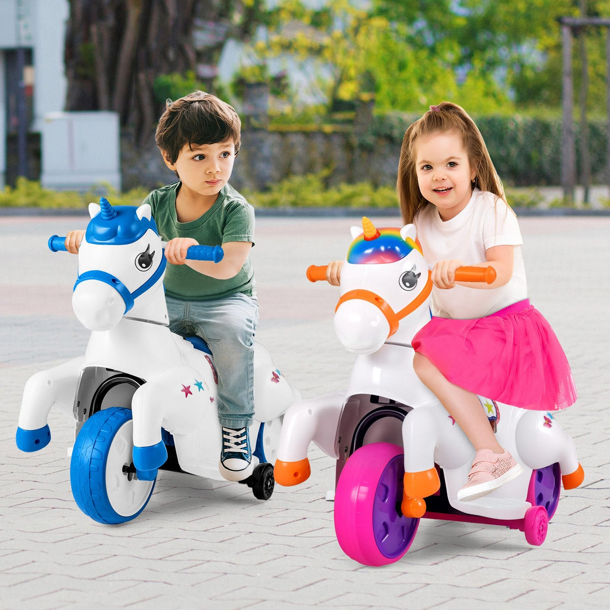 12V Kids Ride On Unicorn with Horse Riding Mode, Detachable Training Wheels and Music, 66 lb, Rainbow