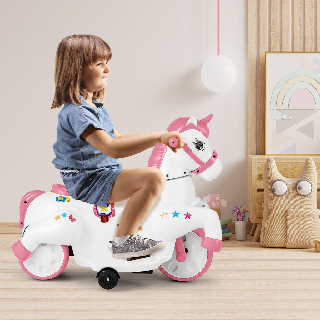 12V Kids Ride On Unicorn with Detachable Training Wheels, Horse Riding Mode, Handles and Footrests, 66 lb, Pink