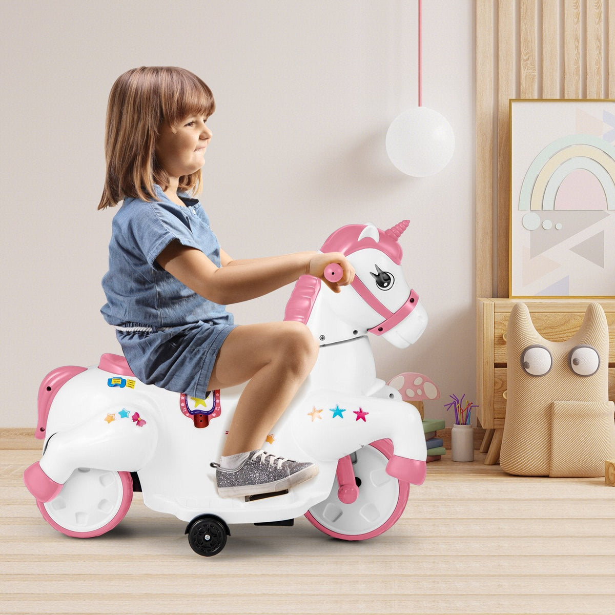 12V Kids Ride On Unicorn with Detachable Training Wheels, Horse Riding Mode, Handles and Footrests, 66 lb, Pink