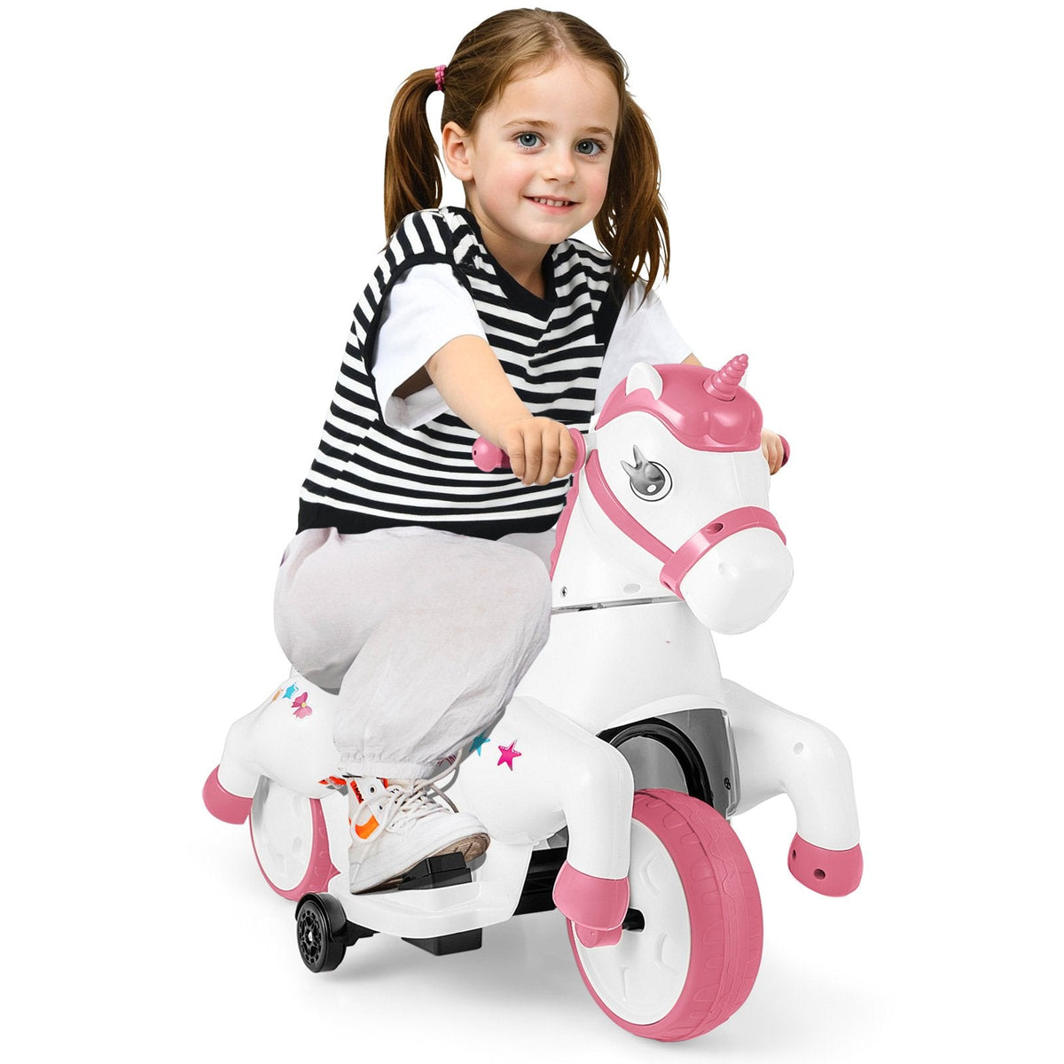 12V Kids Ride On Unicorn with Detachable Training Wheels, Horse Riding Mode, Handles and Footrests, 66 lb, Pink