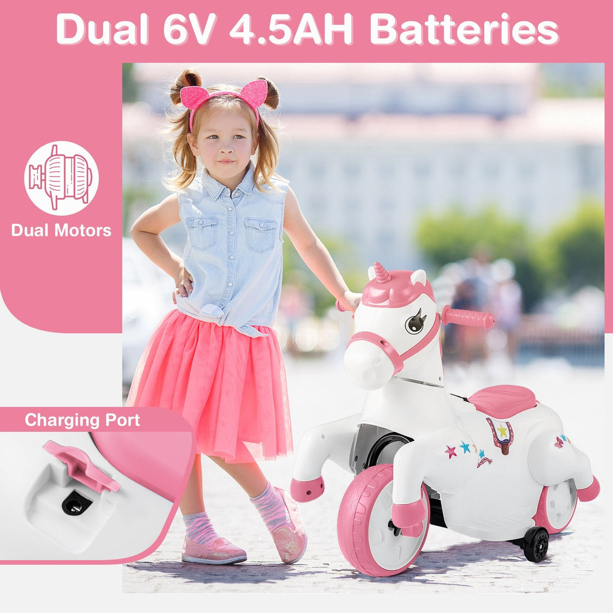 12V Kids Ride On Unicorn with Detachable Training Wheels, Horse Riding Mode, Handles and Footrests, 66 lb, Pink