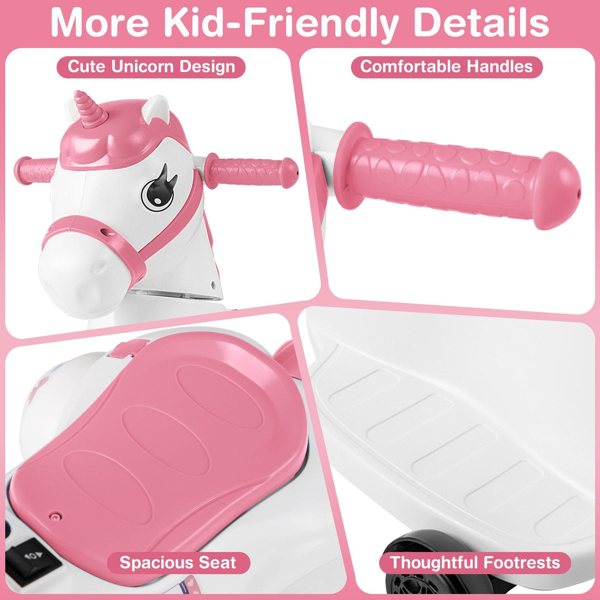 12V Kids Ride On Unicorn with Detachable Training Wheels, Horse Riding Mode, Handles and Footrests, 66 lb, Pink
