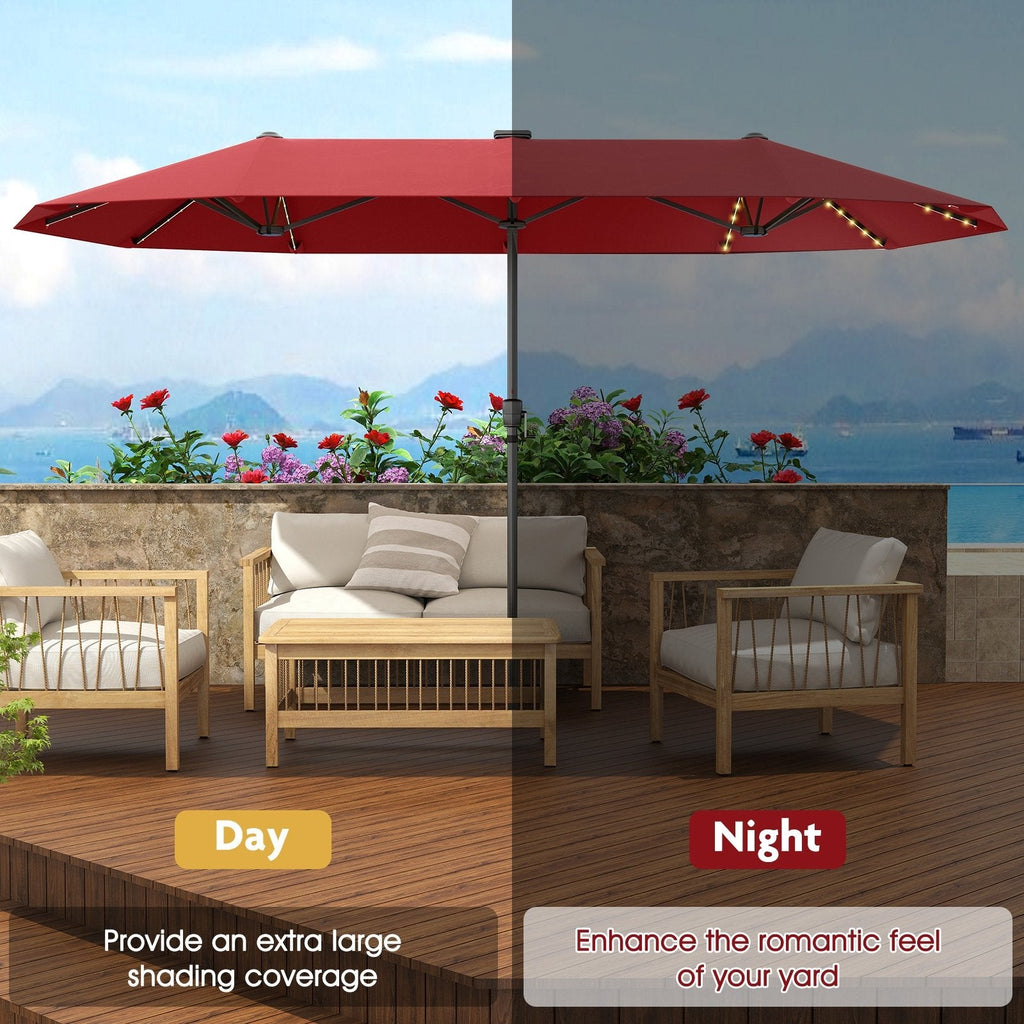 13 FT Large Patio Umbrella with LED Solar Lights and Crank Handle-Red