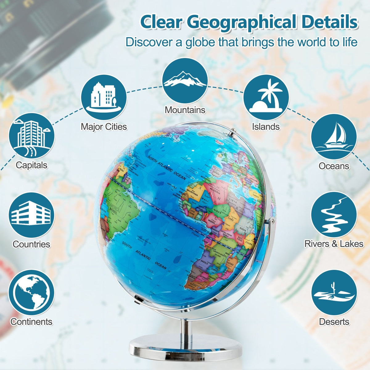 13 Inch Illuminated World Globe 720° Rotating Map with LED Light