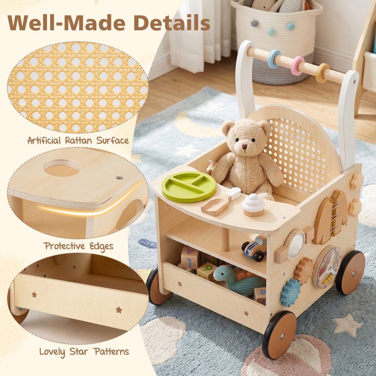13-In-1 Toddler Wooden Push Walker with Wheels and Storage