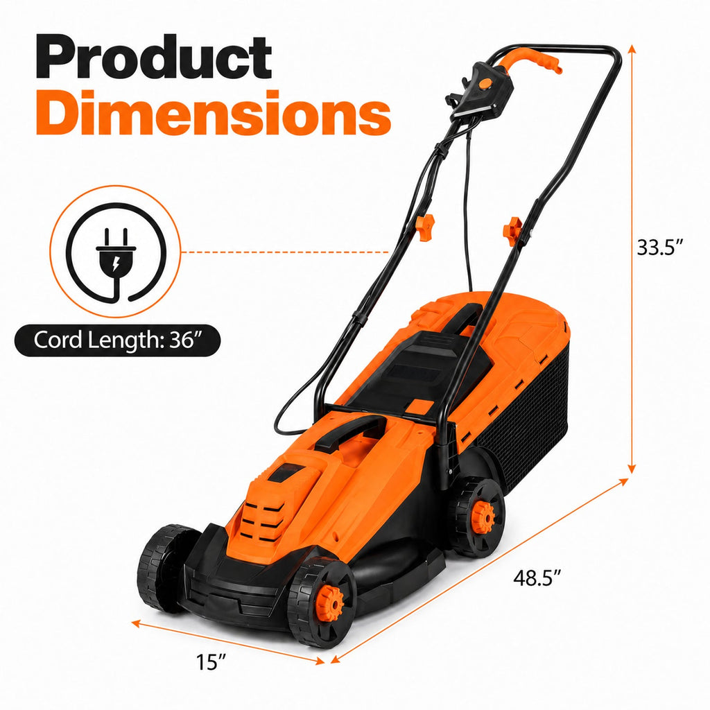 13-Inch 12-Amp Corded Electric Lawn Mower with 3-Position Height Adjustment-Orange