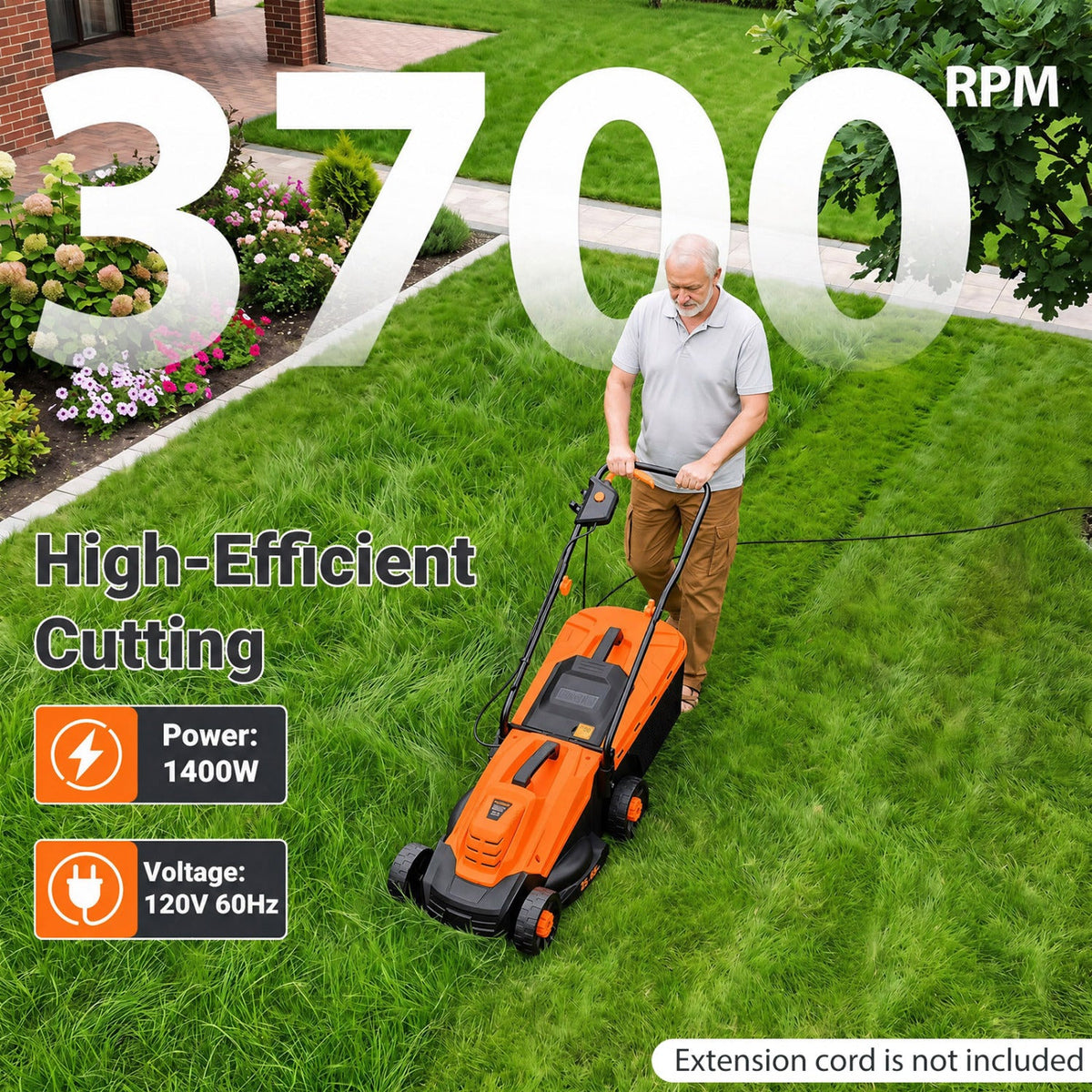 13-Inch 12-Amp Corded Electric Lawn Mower with 3-Position Height Adjustment-Orange