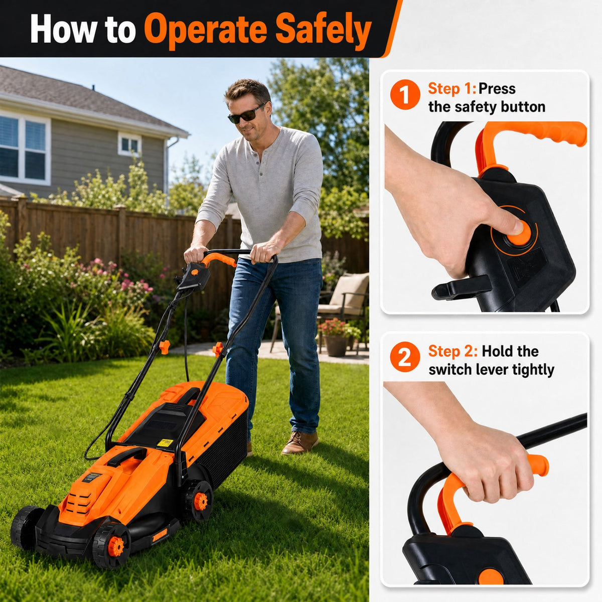 13-Inch 12-Amp Corded Electric Lawn Mower with 3-Position Height Adjustment-Orange