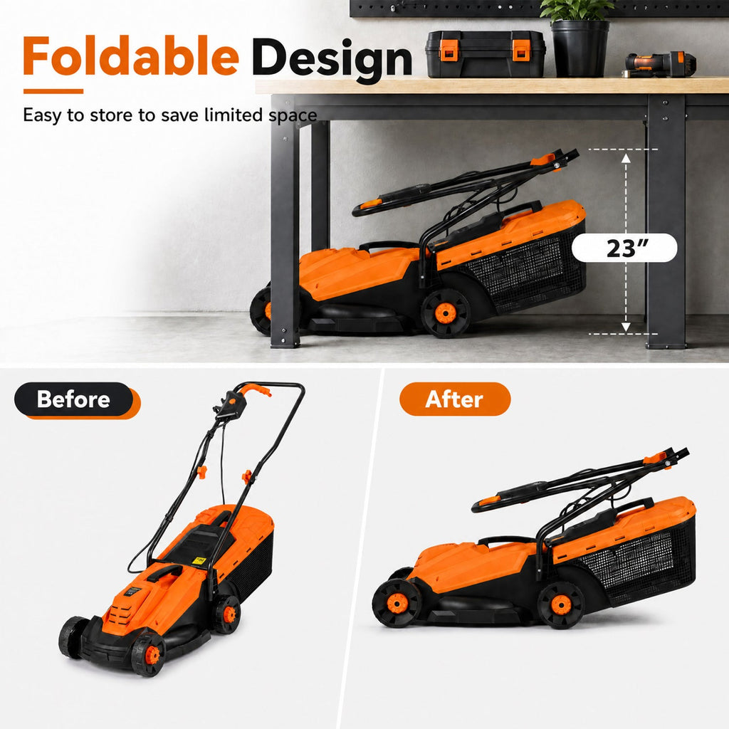 13-Inch 12-Amp Corded Electric Lawn Mower with 3-Position Height Adjustment-Orange