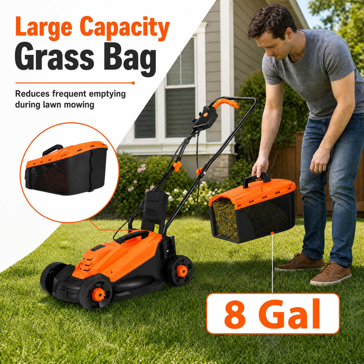13-Inch 12-Amp Corded Electric Lawn Mower with 3-Position Height Adjustment-Orange