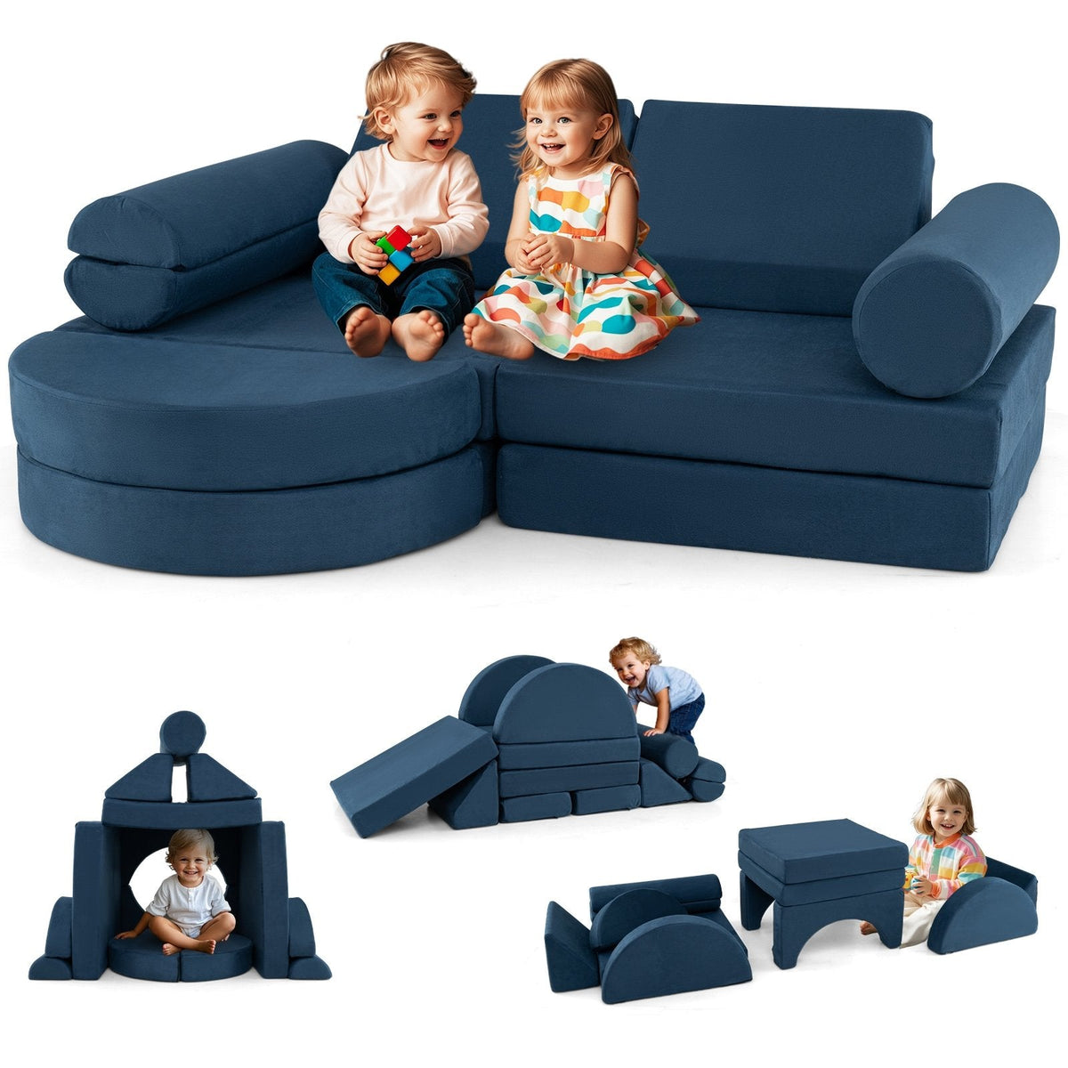 13 Pieces Convertible Modular Kids Play Couch for Nursery Playroom Bedroom-Blue