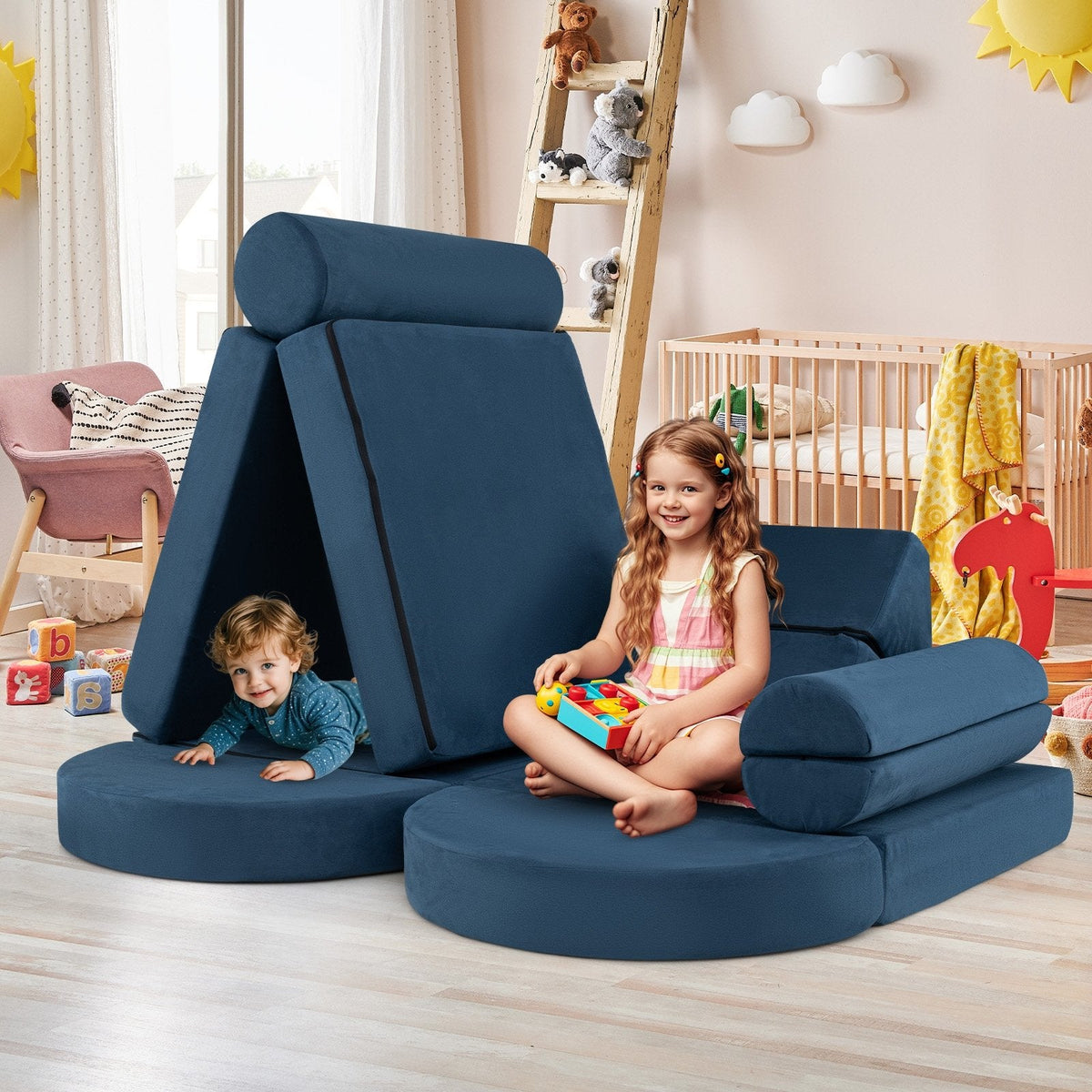 13 Pieces Convertible Modular Kids Play Couch for Nursery Playroom Bedroom-Blue