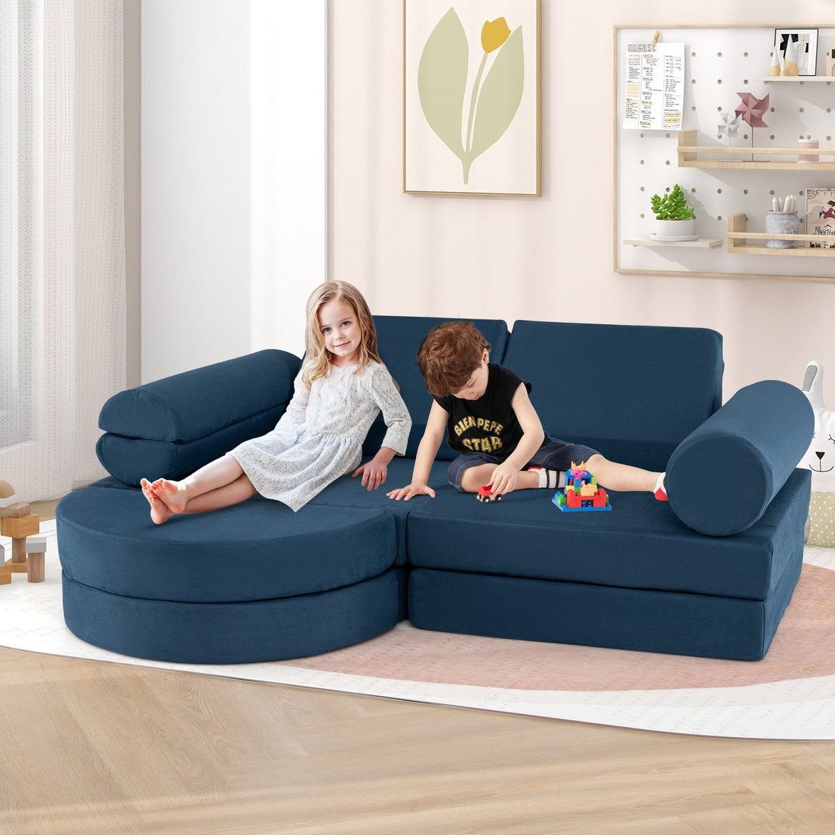 13 Pieces Convertible Modular Kids Play Couch for Nursery Playroom Bedroom-Blue