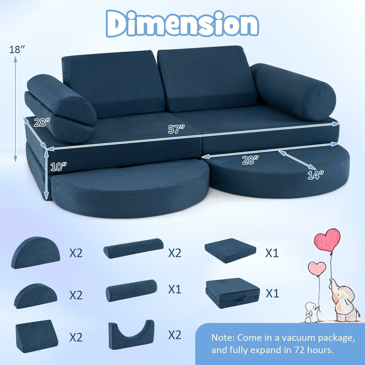 13 Pieces Convertible Modular Kids Play Couch for Nursery Playroom Bedroom-Blue