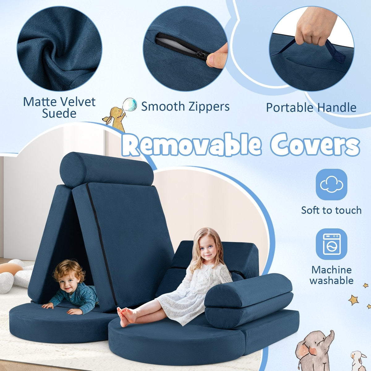 13 Pieces Convertible Modular Kids Play Couch for Nursery Playroom Bedroom-Blue