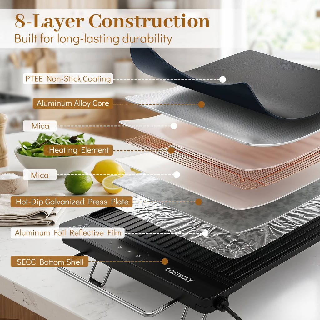 1300W Indoor Electric Grill with Removable Touch Panel-Black