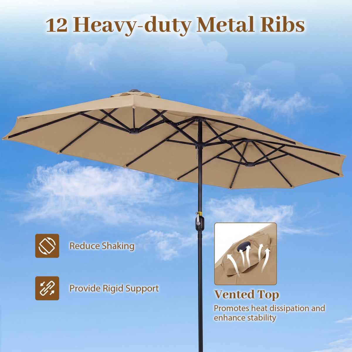 13 FT Double-Sided Patio Umbrella Large Rectangle Market Umbrella with 36 LED Lights-Tan