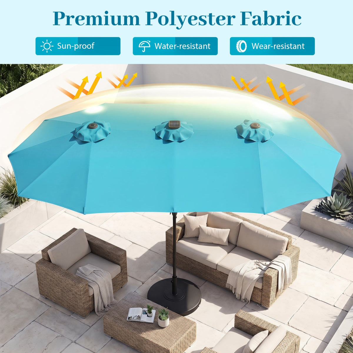 13 FT Double-Sided Patio Umbrella Large Rectangle Market Umbrella with 36 LED Lights-Turquoise