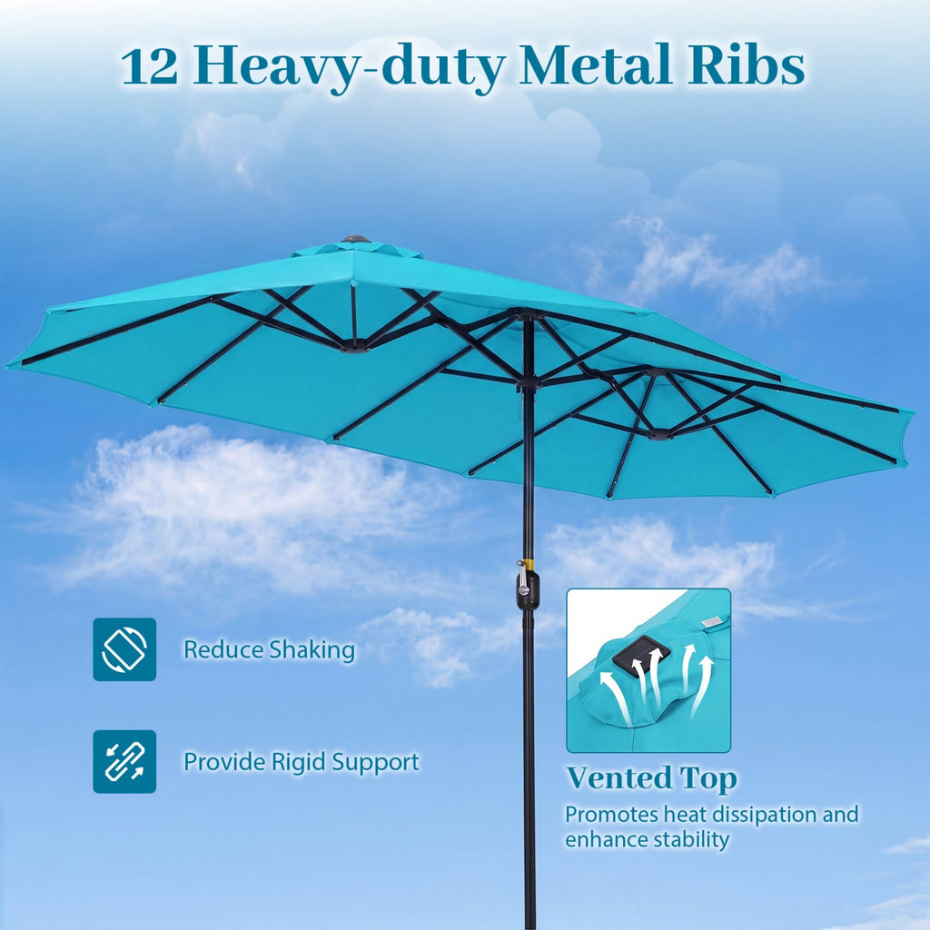 13 FT Double-Sided Patio Umbrella Large Rectangle Market Umbrella with 36 LED Lights-Turquoise