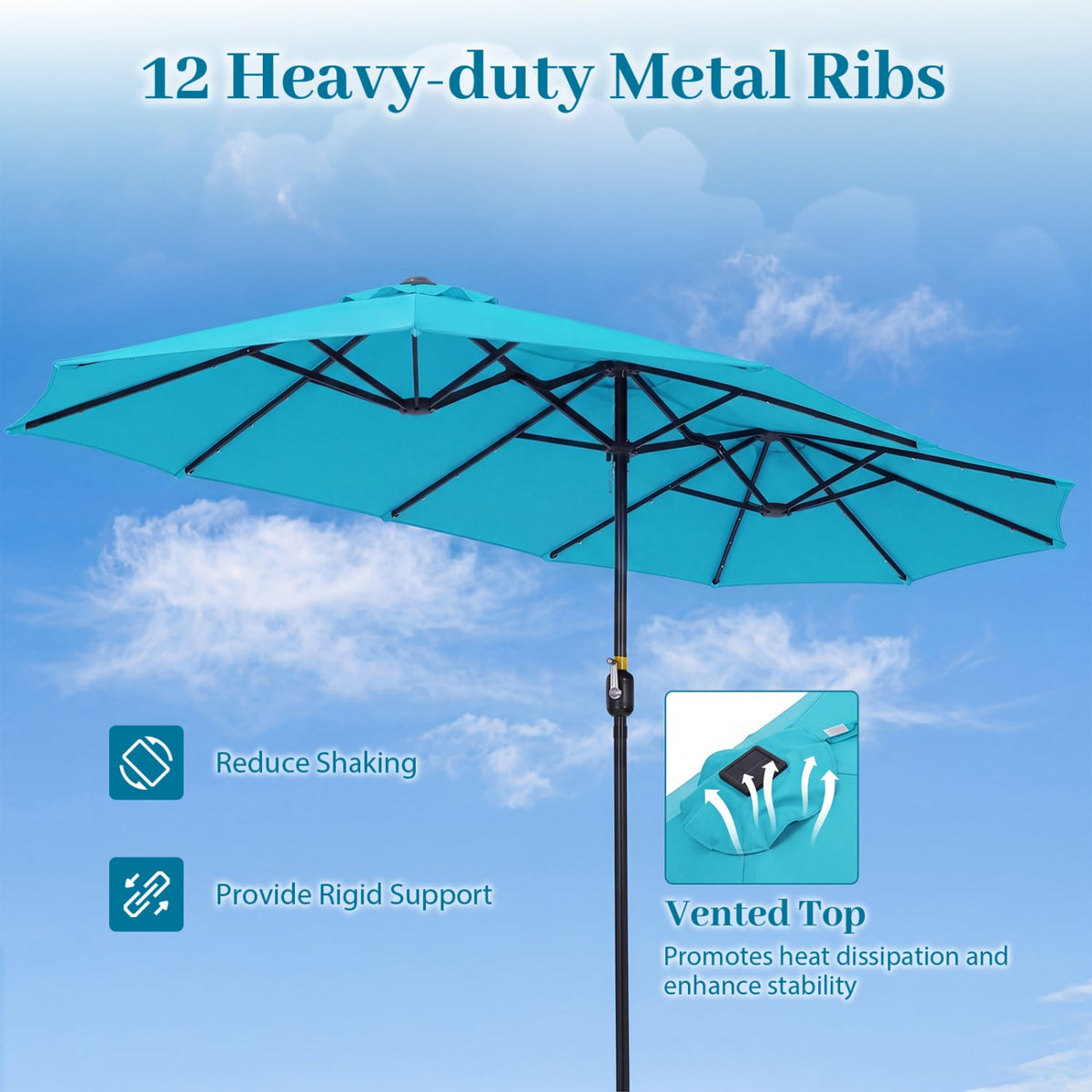 13 FT Double-Sided Patio Umbrella Large Rectangle Market Umbrella with 36 LED Lights-Turquoise