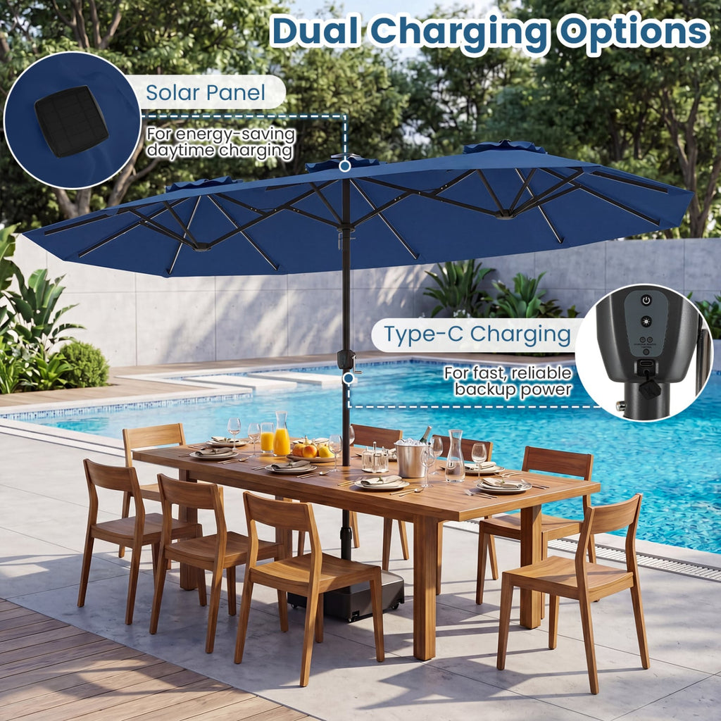 13 FT Double-Sided Patio Umbrella with Color-Changing Flowing Solar LED Lights-Navy