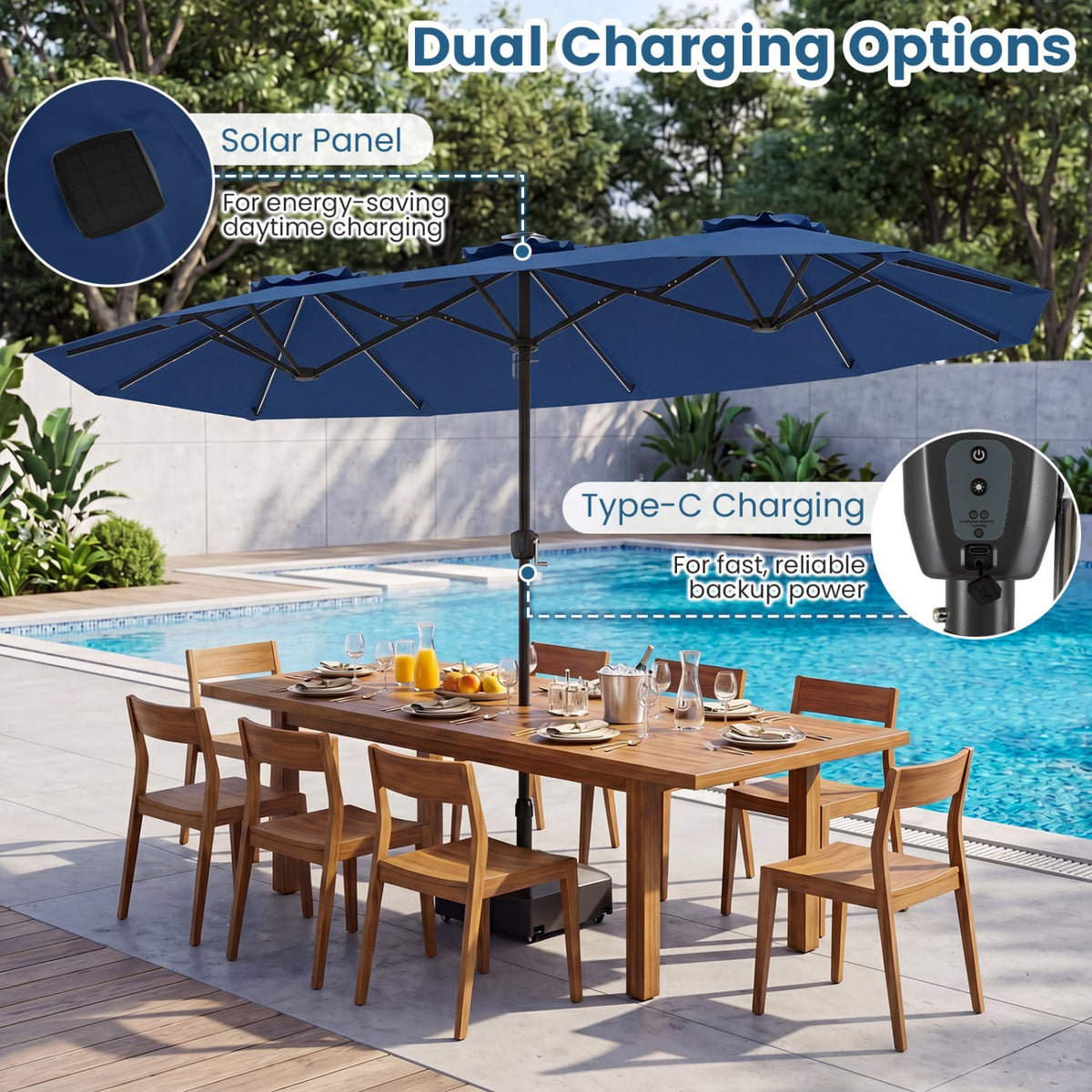 13 FT Double-Sided Patio Umbrella with Color-Changing Flowing Solar LED Lights-Navy