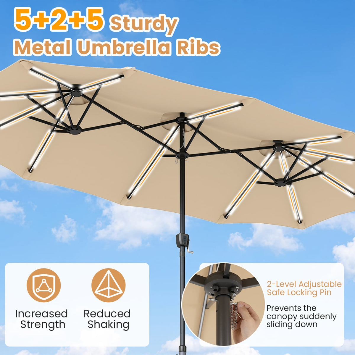 13 FT Double-Sided Patio Umbrella with 108 LED Lights and Base Included-Beige