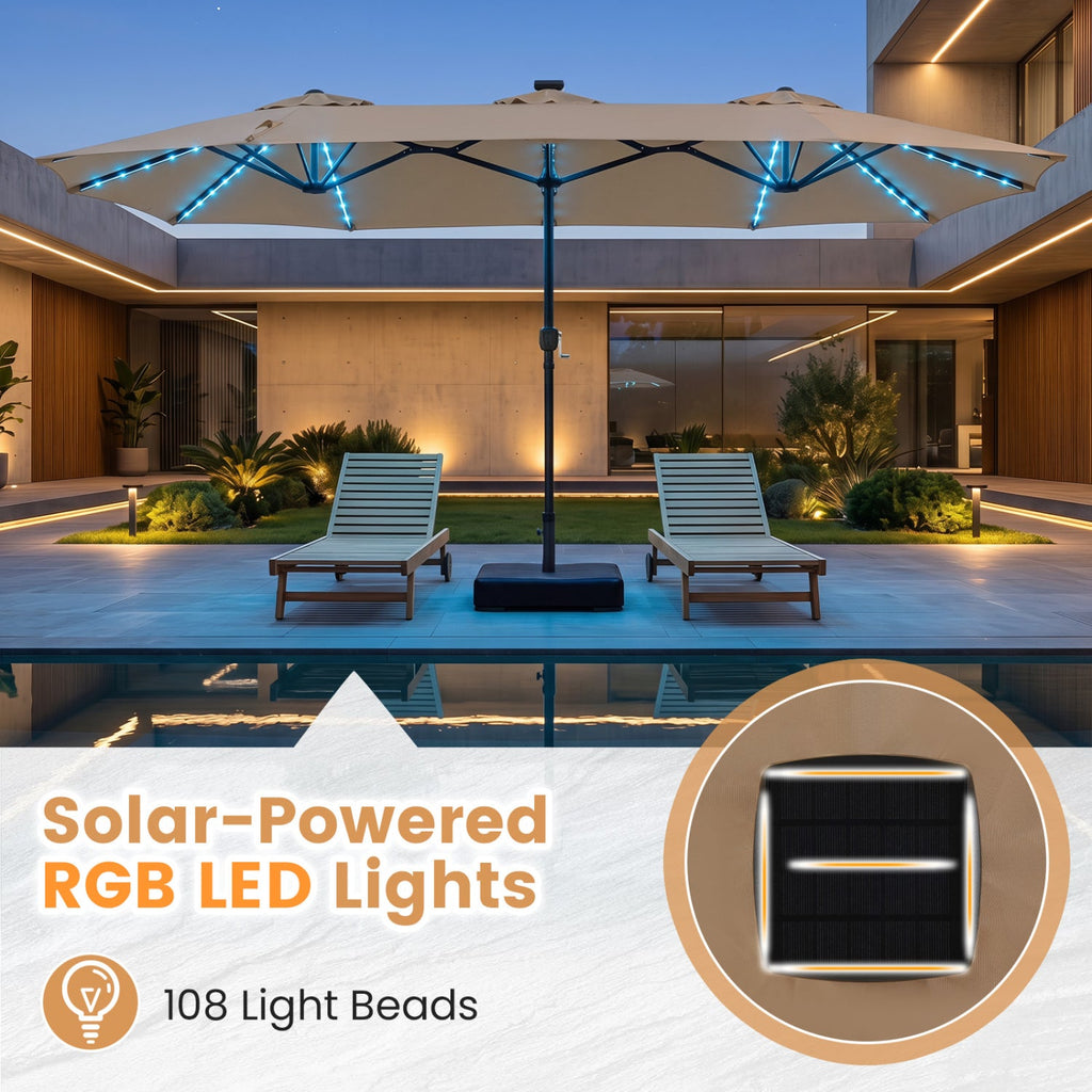 13 FT Double-Sided Patio Umbrella with 108 LED Lights and Base Included-Tan