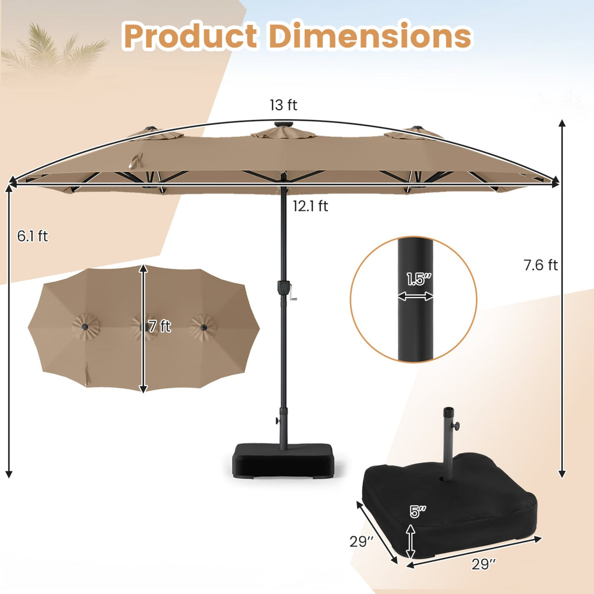 13 FT Double-Sided Patio Umbrella with 108 LED Lights and Base Included-Tan