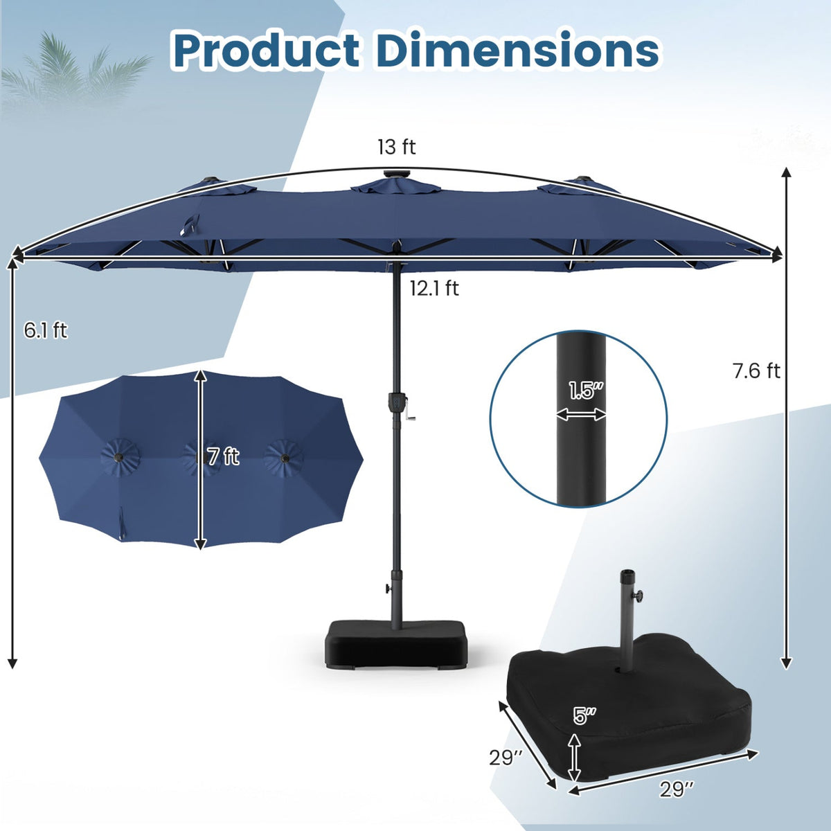 13 FT Double-Sided Patio Umbrella with 108 LED Lights and Base Included-Navy