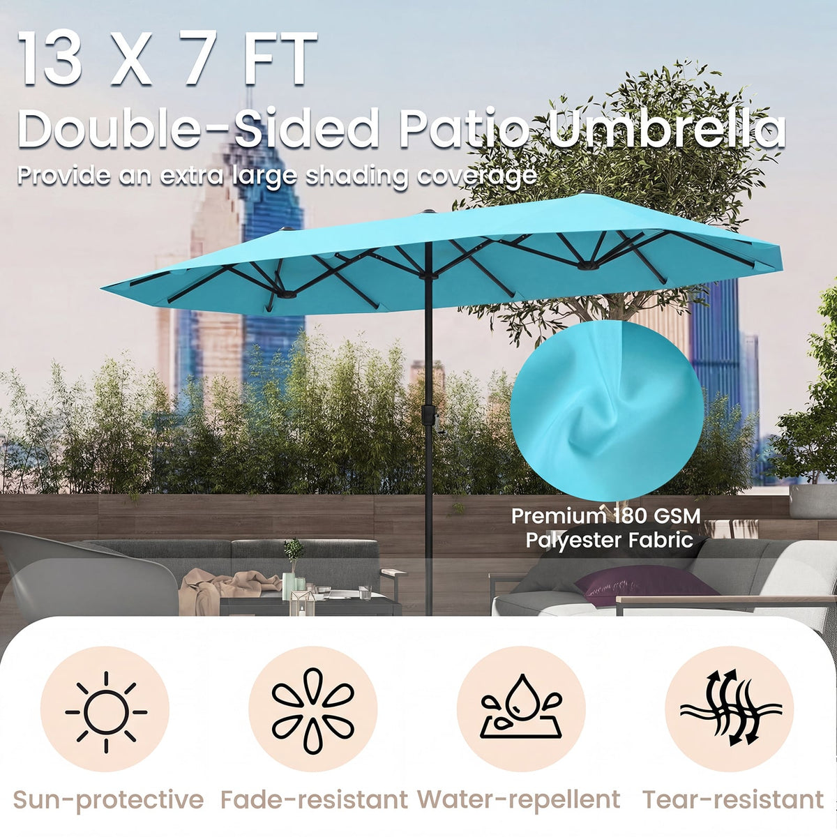 13 Feet Large Patio Umbrella Outdoor Double-Sided Table Market Umbrella with Crank Handle-Turquoise