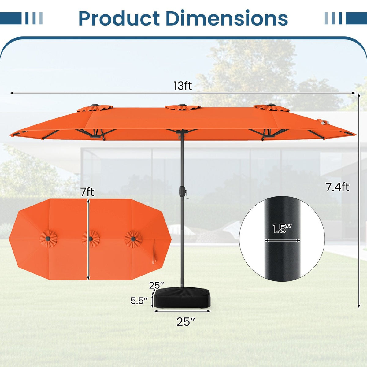 13FT Double-sided Patio Umbrella with Solar Lights for Garden Pool Backyard-Orange