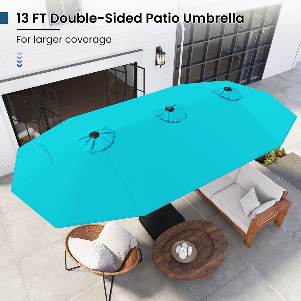 13FT Double-sided Patio Umbrella with Solar Lights for Garden Pool Backyard-Turquoise