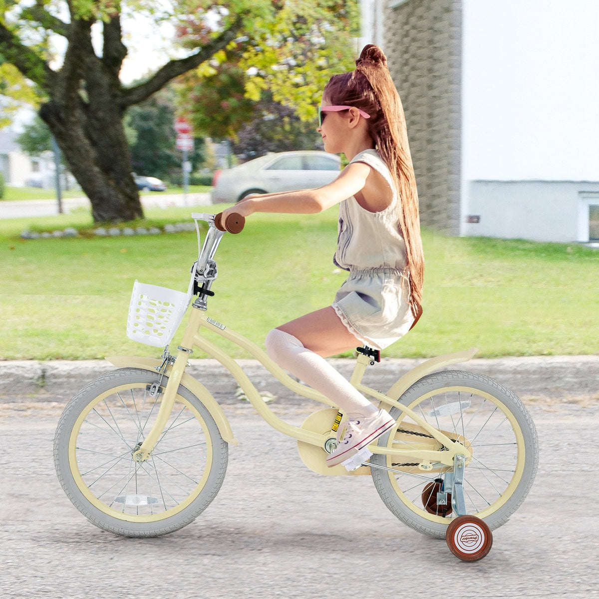 18 Inch Kids Bike Adjustable with Training Wheels and Basket, Cream
