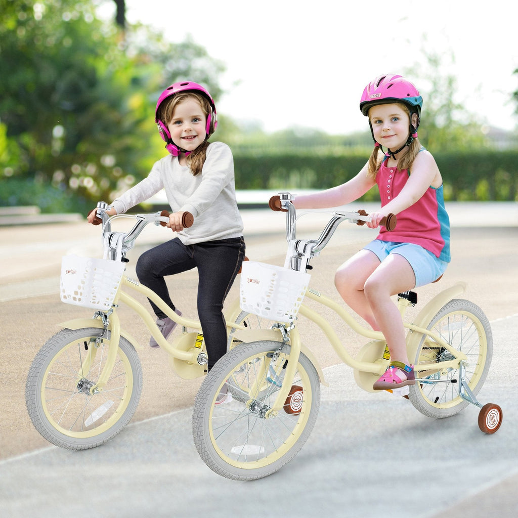 18 Inch Kids Bike Adjustable with Training Wheels and Basket, Cream
