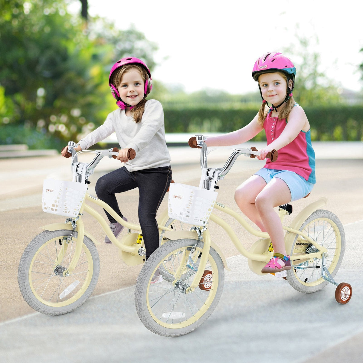 18 Inch Kids Bike Adjustable with Training Wheels and Basket, Cream