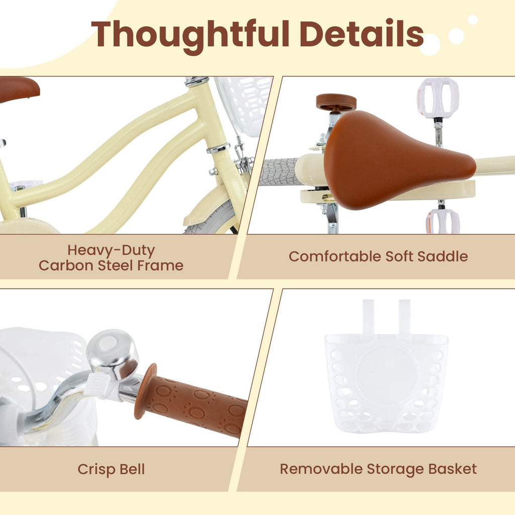 18 Inch Kids Bike Adjustable with Training Wheels and Basket, Cream