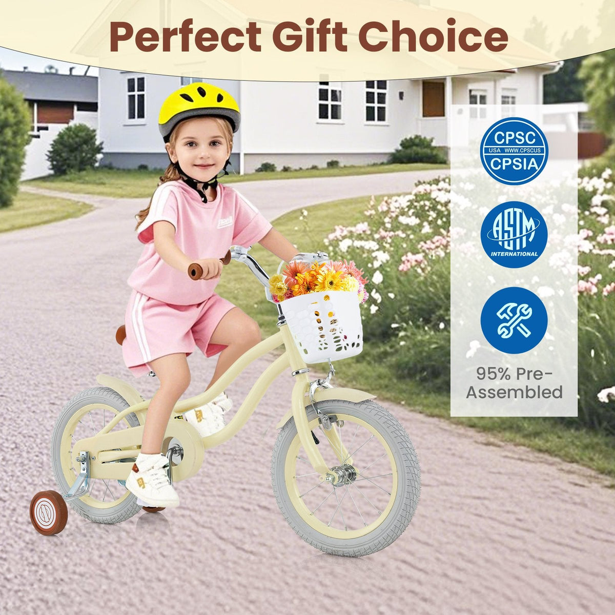 18 Inch Kids Bike Adjustable with Training Wheels and Basket, Cream