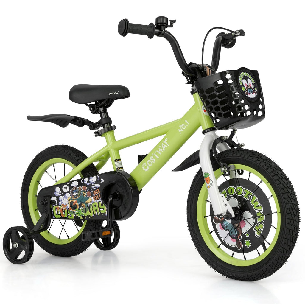 14 Inch Kids Bike with Detachable Training Wheels and Basket, Green