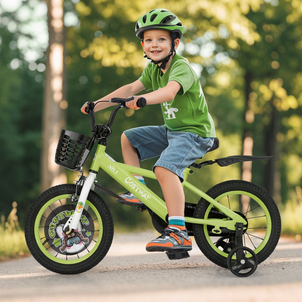14 Inch Kids Bike with Detachable Training Wheels and Basket, Green