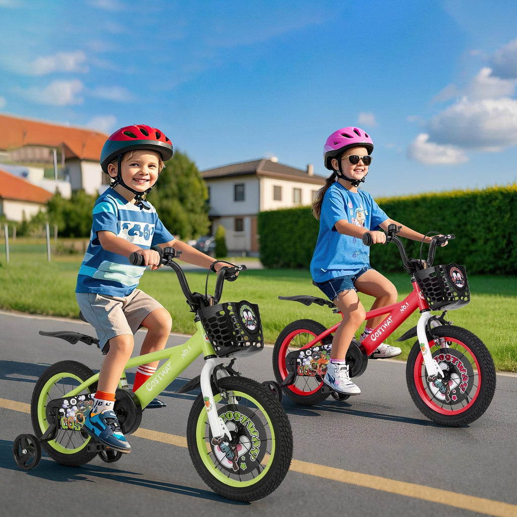 14 Inch Kids Bike with Detachable Training Wheels and Basket, Green