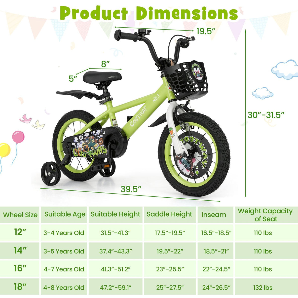 14 Inch Kids Bike with Detachable Training Wheels and Basket, Green