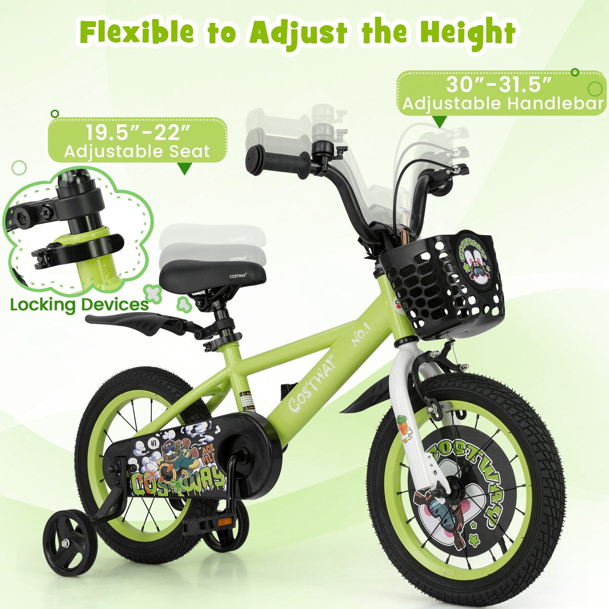 14 Inch Kids Bike with Detachable Training Wheels and Basket, Green