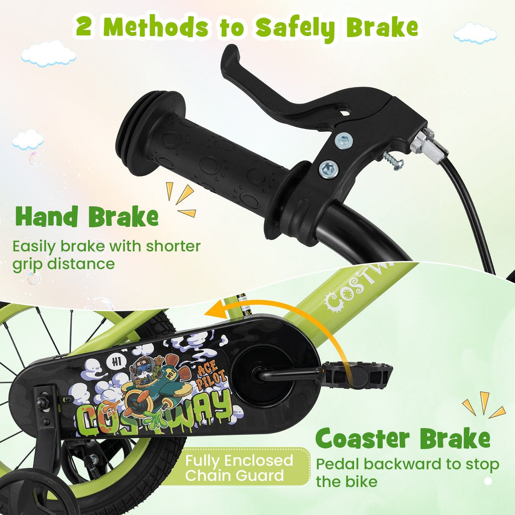 14 Inch Kids Bike with Detachable Training Wheels and Basket, Green